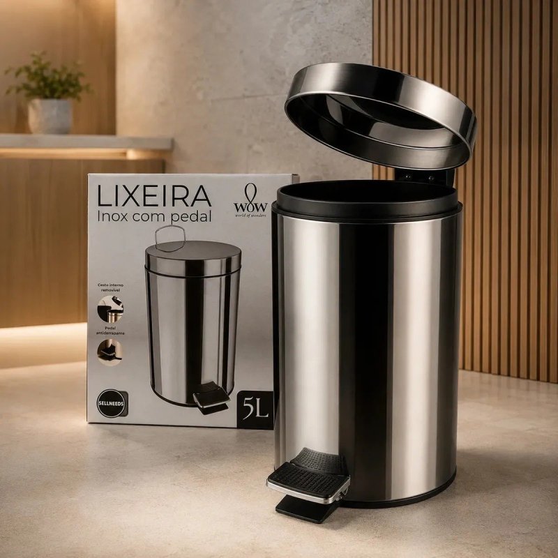 Lixeira Inox 5L Com Pedal Balde Removível Banheiro Cozinha Wow World Of Wonders