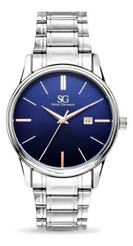 Relógio Masculino Clássico Pulseira Prata Correia Prateada Bisel Prateado Fundo Azul Marinho Saint Germain 42mm Elegante Detalhes Bronze
