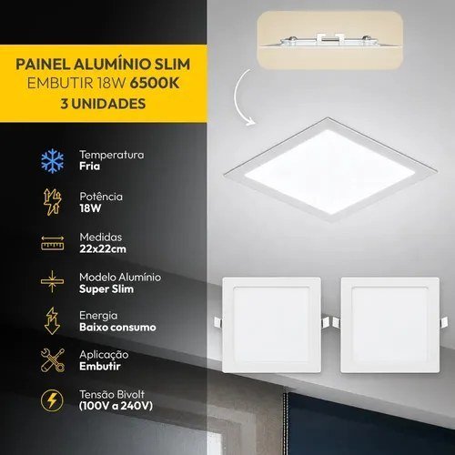 Kit 3 Painel Led Plafon Aluminio Embutir Quadrado 6500K Branco Frio 18w 22x22Cm