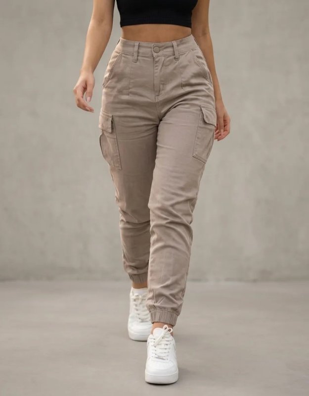 Calça Cargo Jogger Jeans Feminina Cintura Alta Com Lycra