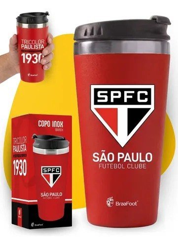 Copo Térmico Emborrachado Inox Com Tampa 450 Ml Futebol São Paulo