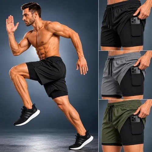 Kit 3 Short Duplo 2 Em 1 Com Bolso Celular Academia Treino