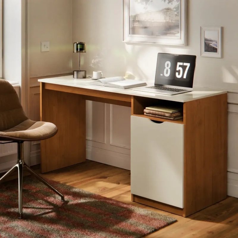 Escrivaninha Para Computador 115cm Com Porta E Nicho Mesa Home Office Escritório Quarto Estudo Notebook Moderna Canela Off White