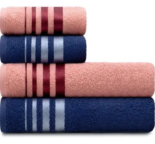 Jogo Toalhas De Algodão 4 Banho E Rosto Rosa E Azul Karsten