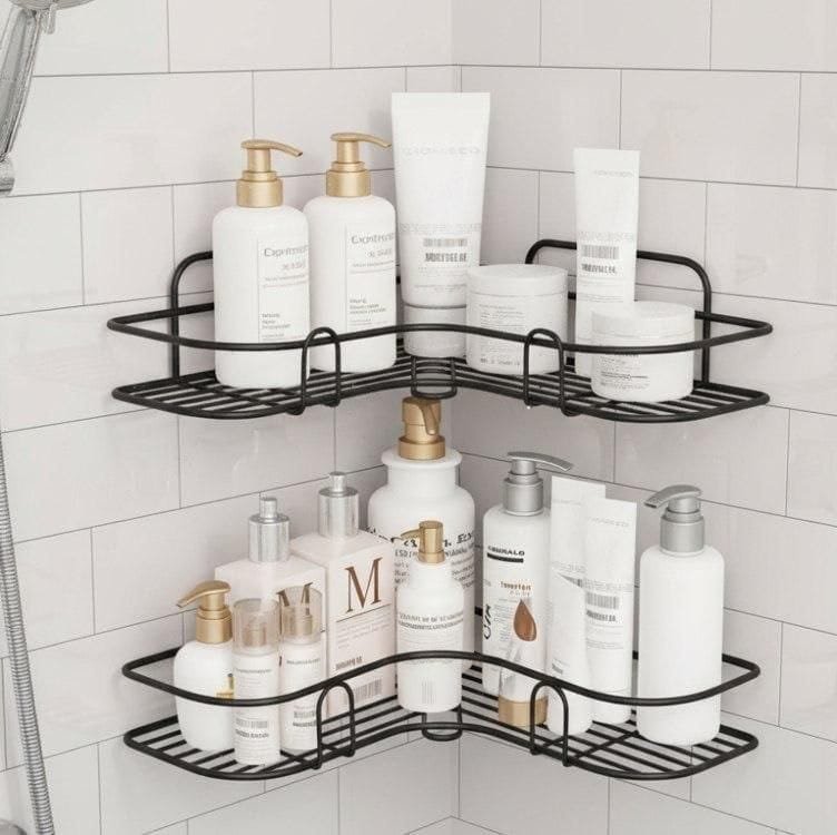Kit 2 Porta Shampoo Sabonete Canto Banheiro VCs Preto Metal Adesivo