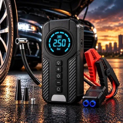 Auxiliar De Partida Bateria Carro Compressor De Ar Portátil 12V 4 funções em 1 Inflador Digital
