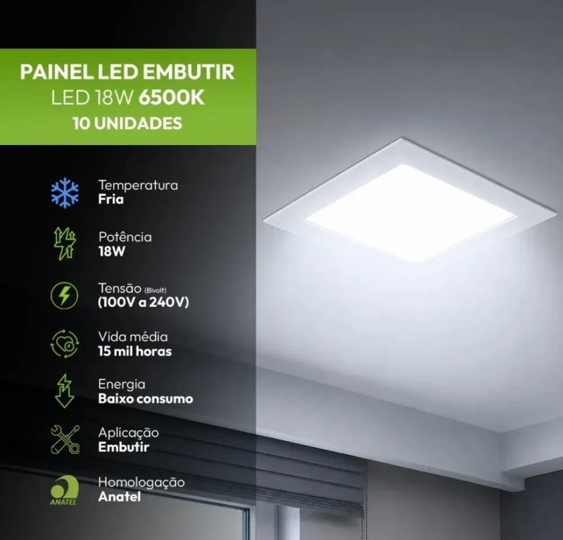 Kit 10 Painel led Plafon Embutir 18w 6500k Branco Frio 12cm 110v/220v