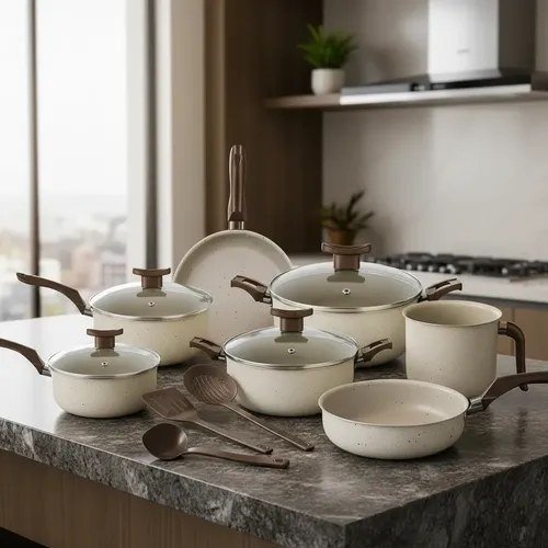 Conjunto Panelas Antiaderente 10 Peças Antiaderente Baunilha Bege