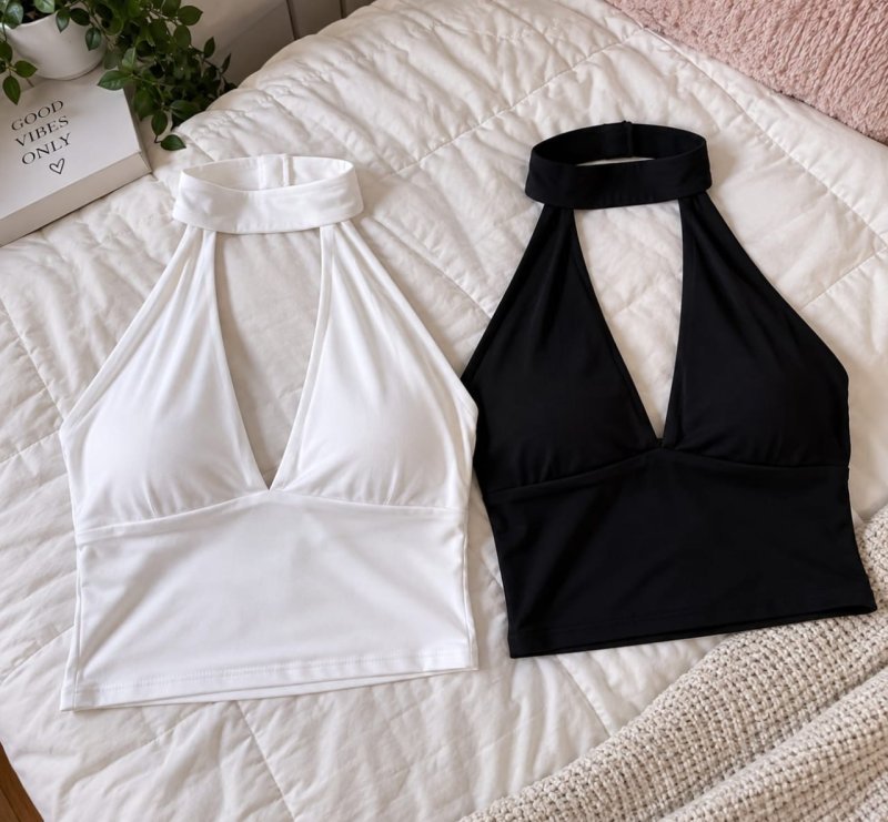 Kit 2 Cropped Amarração Top Livia Decotado Amarrar Pescoço