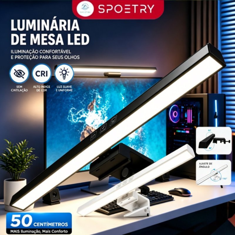 Barra de Luz LED USB para Monitor PC, 3 Cores Ajustáveis Reguláveis, Antirreflexo Proteção Olhos Home Office 33/50cm