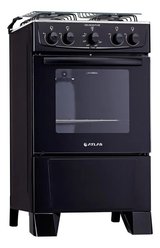 Fogão Atlas 4 Bocas Preto Coliseum Plus - Forno Limpa Fácil
