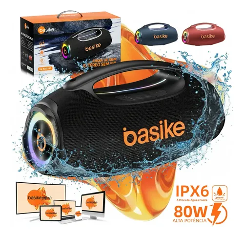 Basike Caixa de Som Portátil Com Bluetooth Boombox 80W 8000Mah 10hrs Sem fio IPX6 À Prova D'água Com Bateria Recarregavel Luz RGB