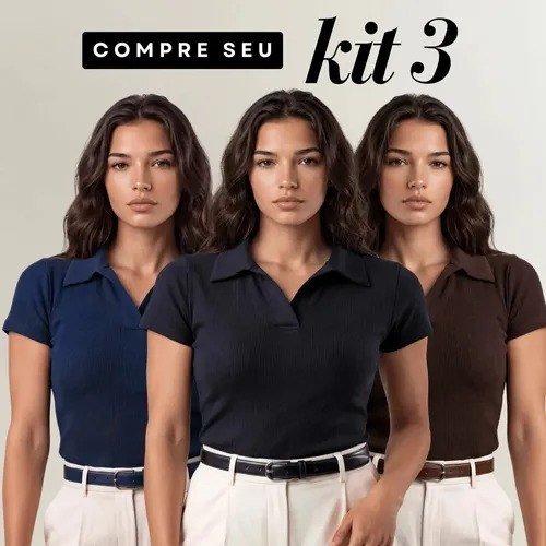 Kit 3 Blusa Feminina Gola Polo Canelada Básica Casual Lisa Preto, Marrom E Azul Liso P/m (36/42)