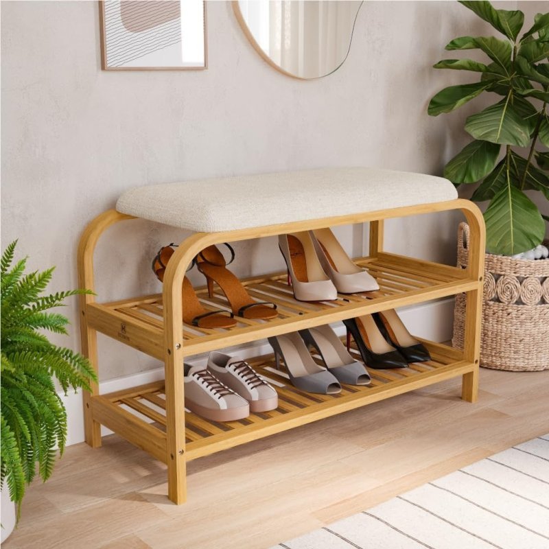 HEIMON Sapateira em Bambu com Banco Estofado 70cm 2 Andares