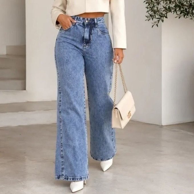 Calça Jeans Wide Leg Cintura Alta + Frete Grátis