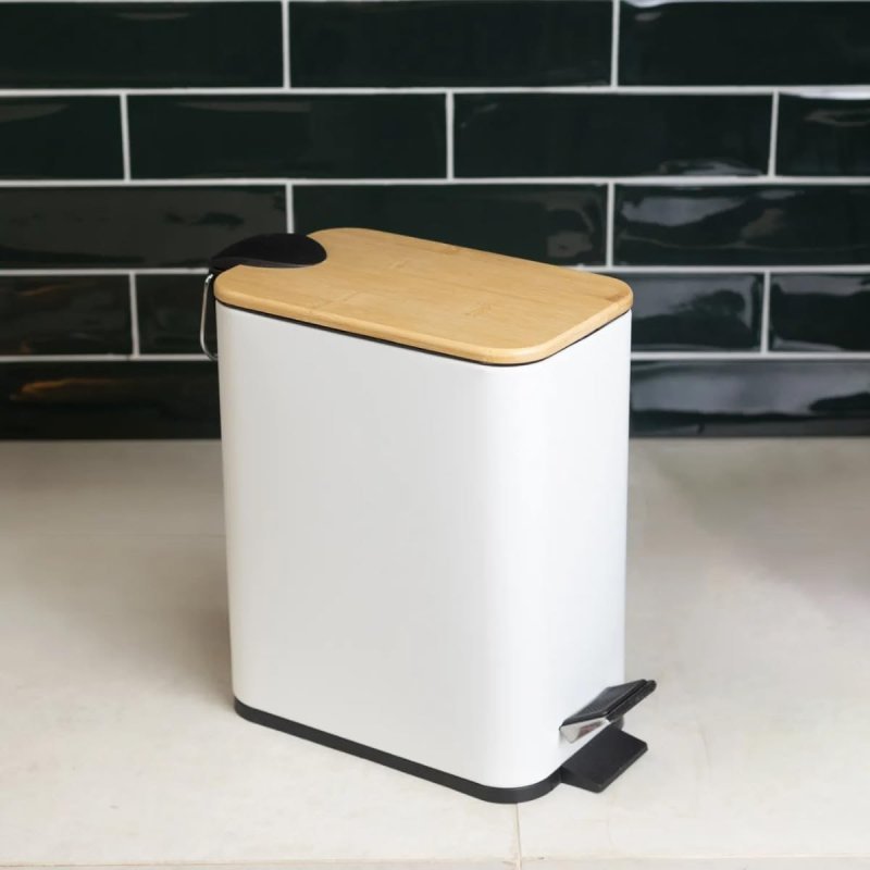 LYOR Lixeira Quadrada de Metal com Pedal e Tampa em Bambu 5L