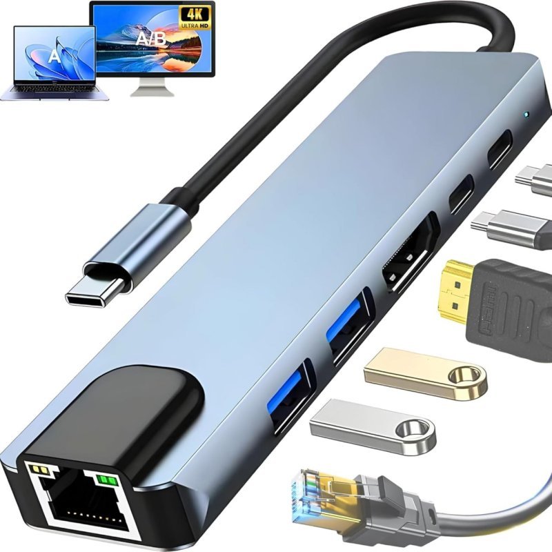 Hub USB-C 3.0 Adaptador Multifunções 6 em 1 com HDMI 4K e RJ45