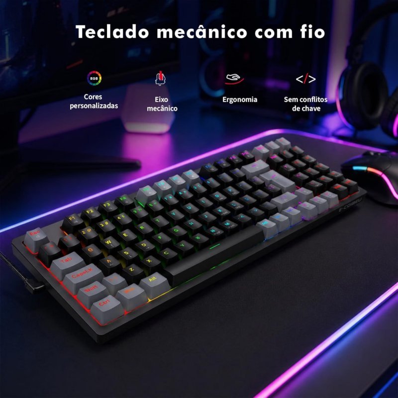 Teclado Mecânico Gamer com Fio 95 Teclas, RGB
