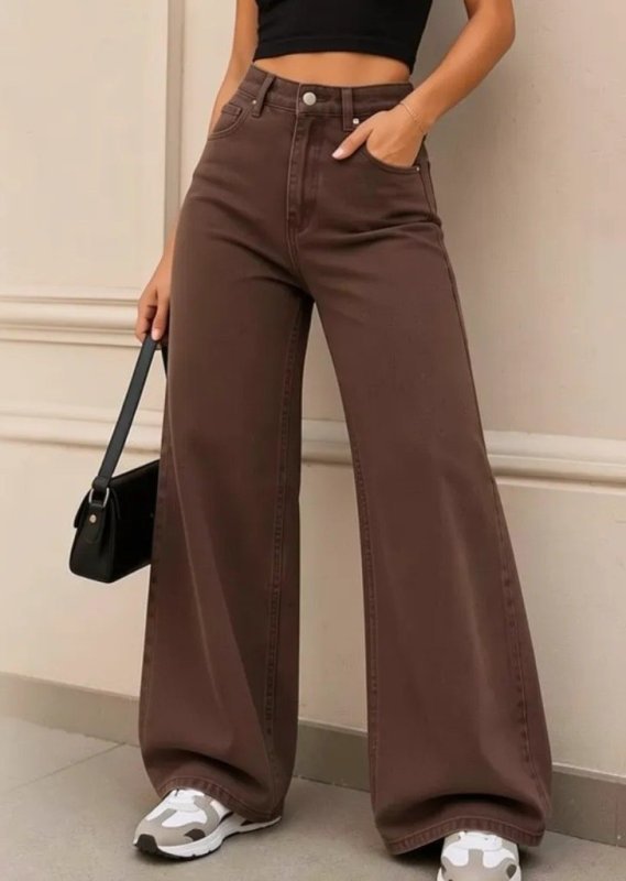 Calça Jeans Wide Leg Feminina Marrom Cintura Alta