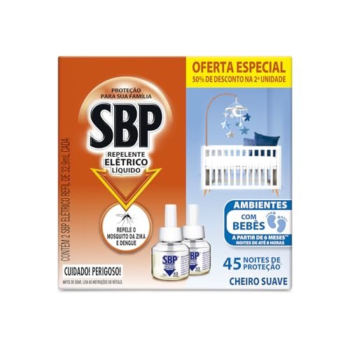 Repelente Elétrico Líquido SBP 45 Noites Cheiro Suave com 2 unidades de 32.9ml