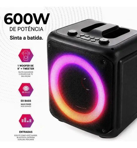 Caixa De Som Bluetooth Portátil 6,5 3000mah Karaokê Rgb Preto 5v