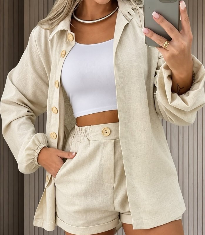Conjunto Linho Feminino Camisa E Short Linha Premium