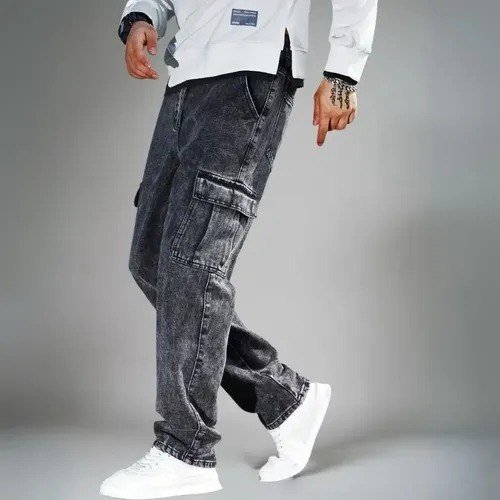 Calça Jeans Cargo Masculina Streetwear Cinza Grafite Nf