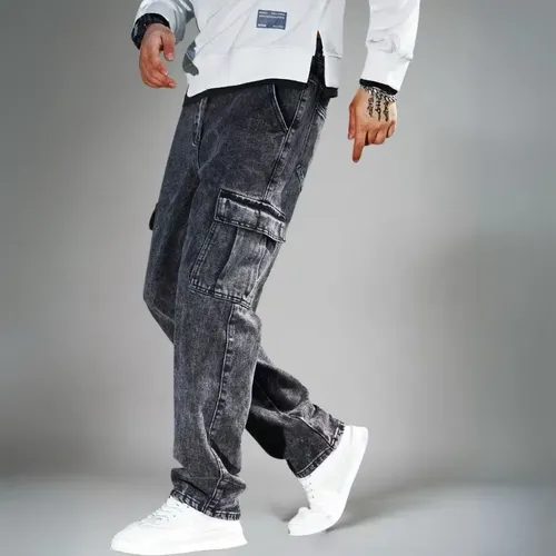 Calça Jeans Cargo Masculina Streetwear Cinza Grafite Nf
