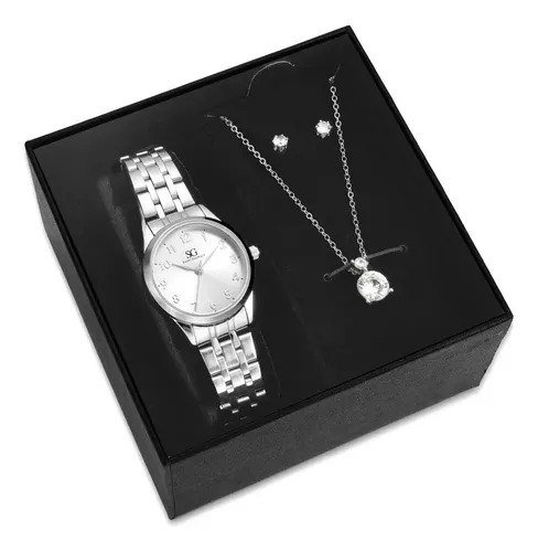 Kit Relógio Colar Brincos Prata Feminino Saint Germain 28 Mm Prateado