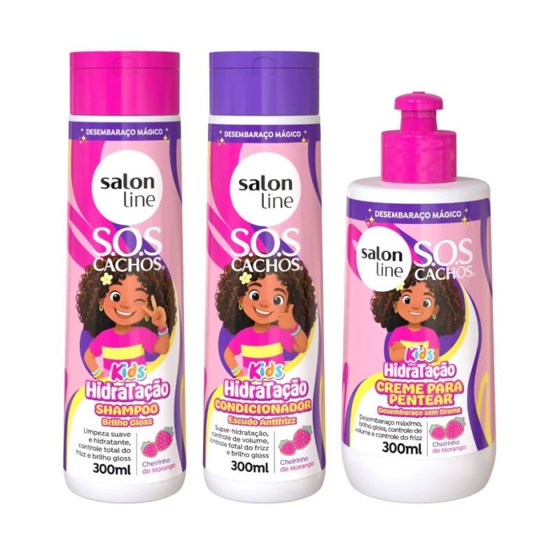Kit Shampoo + Condicionador + Creme para Pentear 300ml SOS Cachos Kids Hidratação Salon Line