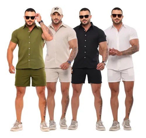 Conjunto Masculino Linho Camisa Shorts Mauricinho Com Bolso