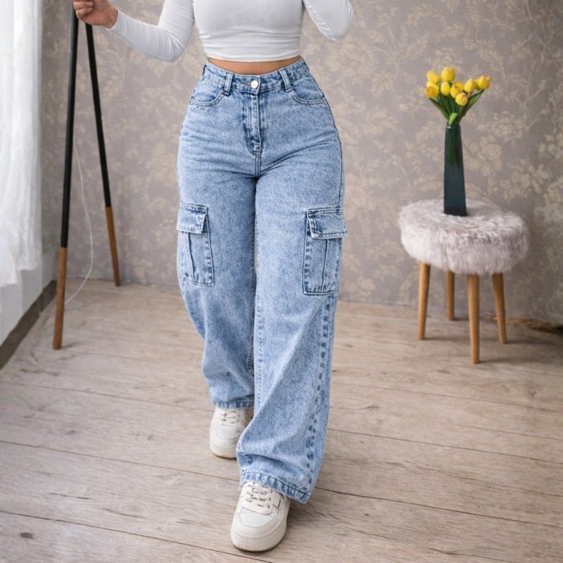 Calça Wide Leg Jeans CARGO Feminina Cintura Alta Sem Lycra