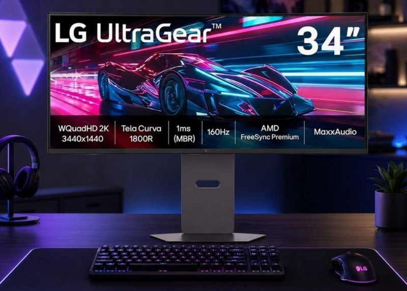 Monitor Gamer LG UltraGear Curvo 34" QuadHD 2K, UltraWide 1800R, 160Hz, 1ms (MBR), AMD FreeSync Premium, HDR10, MaxxAudio