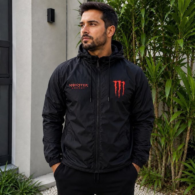 Jaqueta Corta Vento Red Monster Capuz Bolso Zíper + Frete Grátis