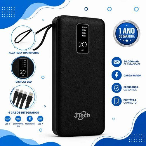 Power Bank 20000mAh Carregador Portátil com 4 Cabos Integrados