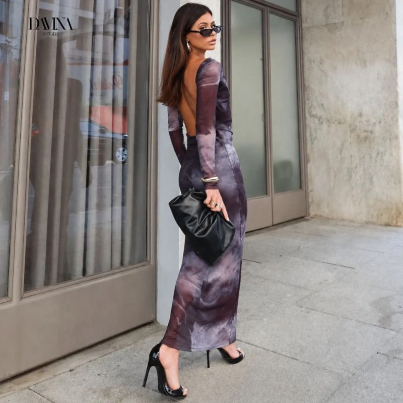 Vestido Longo Tule Costas Nua Manga Longa Estampado Elegante