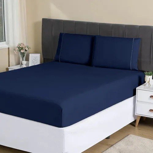 Jogo Lençol Casal 3pç 400 Fios Hipercal Conforto Macio Cor Azul-marinho