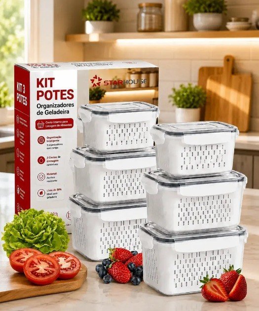 Kit 6 Organizadores Geladeira Alimentos Legumes Verduras Frutas Transparente Com Tampa Trava Hermético Escorredor - Starhouse