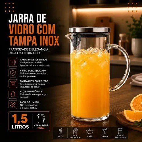 Jarra de Vidro Borossilicato 1,5 Litros Tampa Inox Hermética