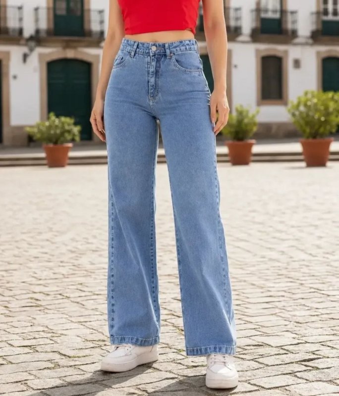 Calça Jeans Wide Leg Feminina Cintura Alta Pantalona