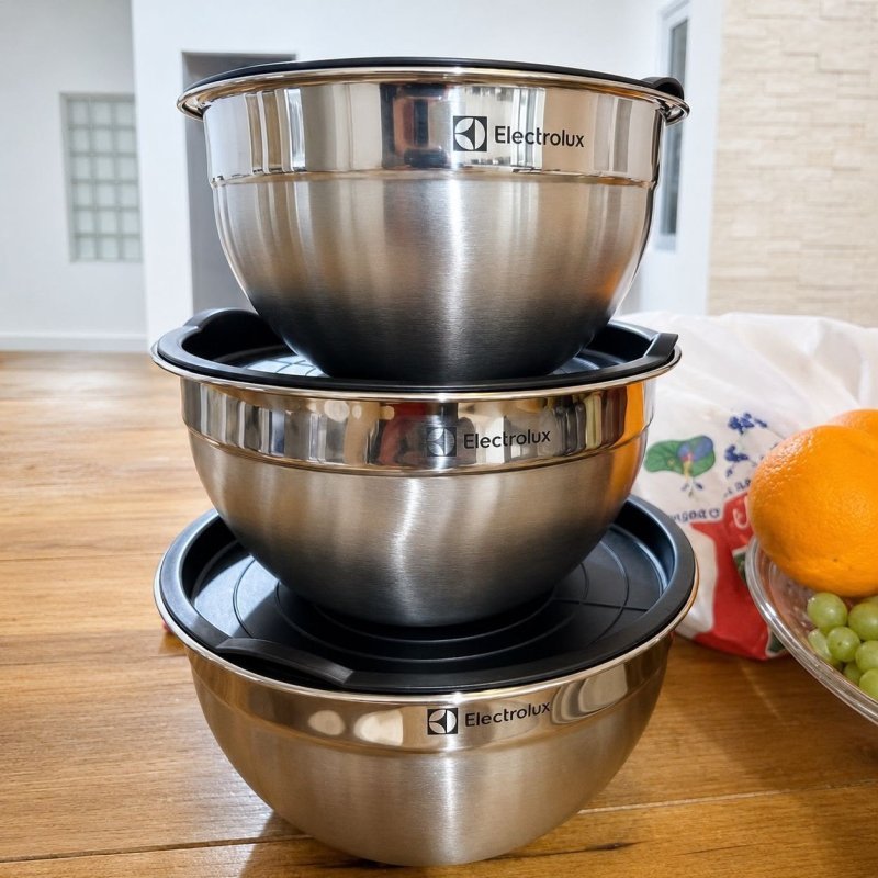 Electrolux Kit Bowls Tigelas em Inox com Tampa Plástica 3 Unidades Utensílios Domésticos de Cozinha