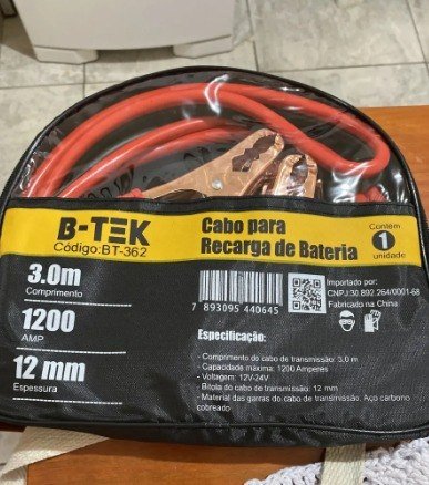 Cabo Chupeta 1200A 3 Metros 12mm Partida Auxiliar Bateria Carro Moto Caminhão 12V 24V