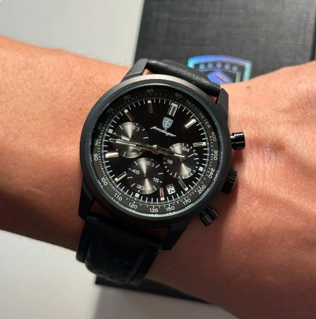 Relógio Luxo Poedagar Masculino Pulseira Em Couro Funcional