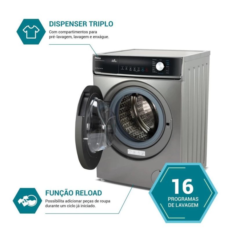 Lava e Seca Philco 16 Programas Eco Inverter 11kg Titânio PLS11C