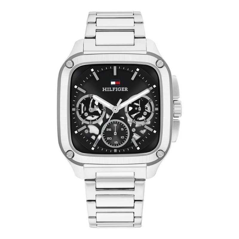 Relógio Tommy Hilfiger Herald Skeleton Masculino Em Aço Prateado Preto