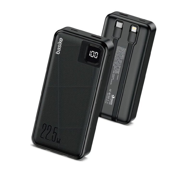 Power Bank Basike 20000mAh Preto, Carga Rápida 22.5W para iPhone e Samsung, Com Cabos Embutidos e Display