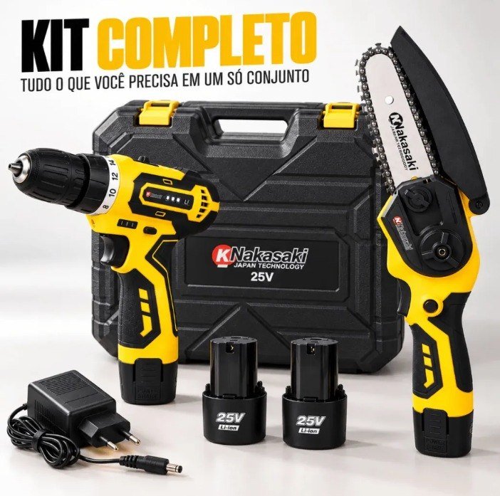 Kit Parafusadeira Mini Motosserra 2 Baterias Maleta Nakasaki + Frete Grátis