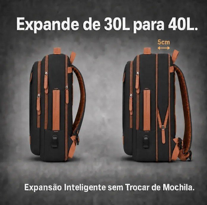 Mochila de Viagem Executiva 40L Notebook 17 Preta Masculina Feminina Impermeável Expansível com Porta USB + Frete Grátis