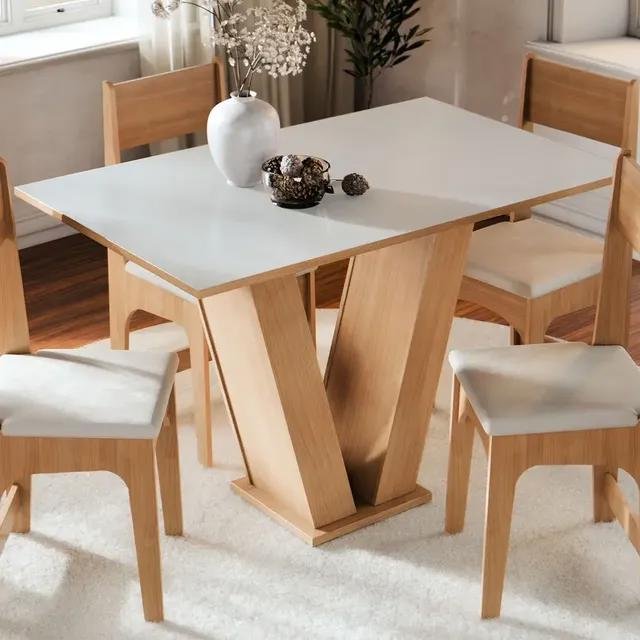 Conjunto Sala de Jantar 4 Lugares com Cadeiras Estofadas Mesa Com Tampo Retangular Semelhante Vidro Base V