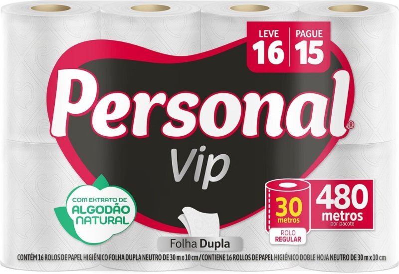 10x Personal Papel Higiênico Vip Folha Dupla, 16 Unidades Branco